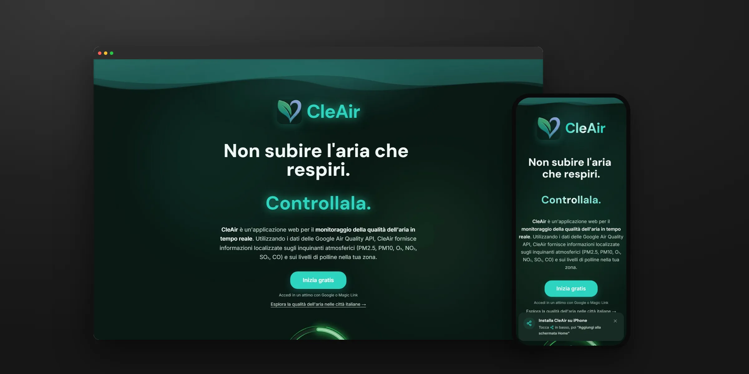La web app CleAir su computer e telefono