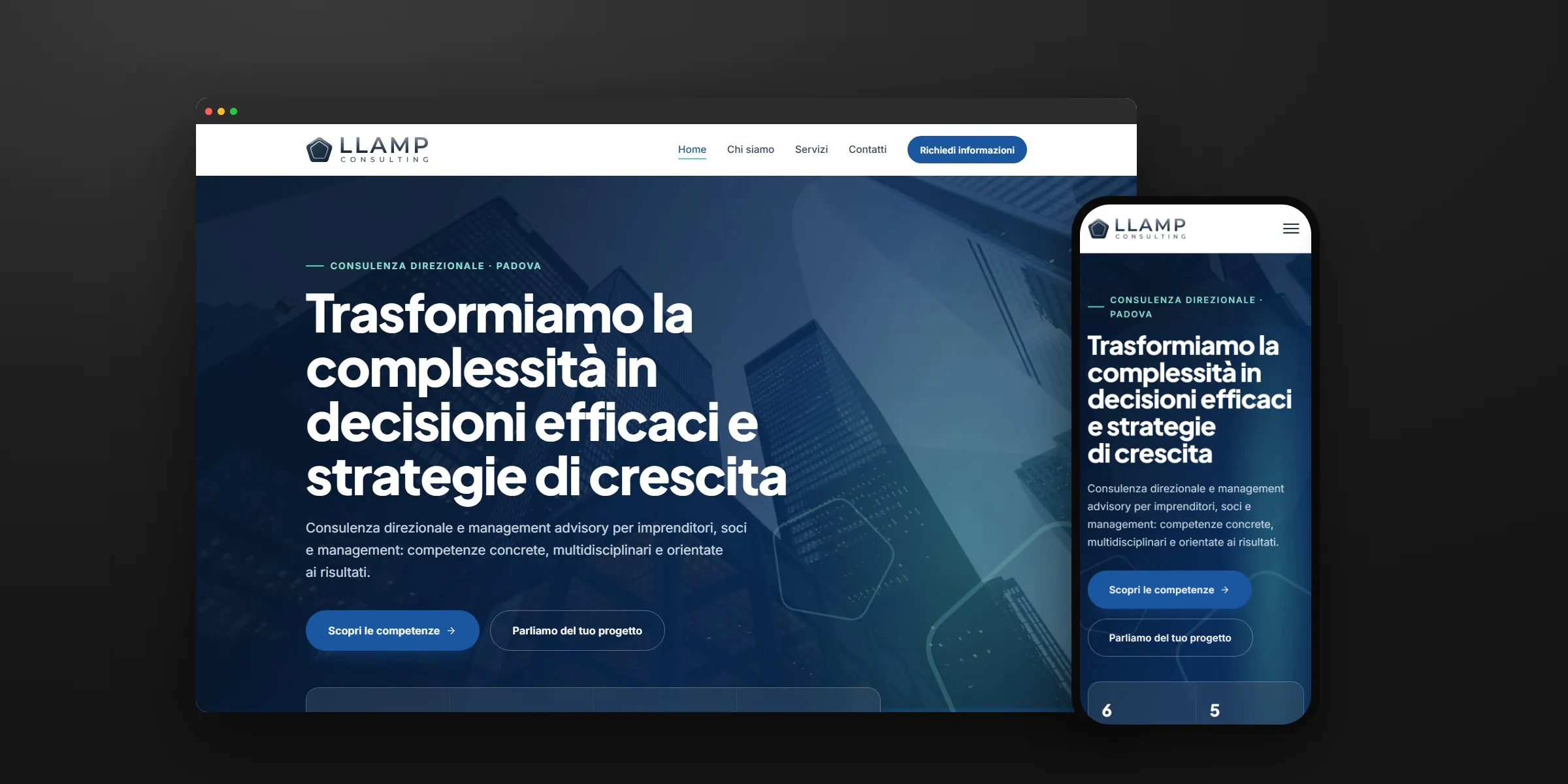 Il sito Llamp Consulting su computer e telefono