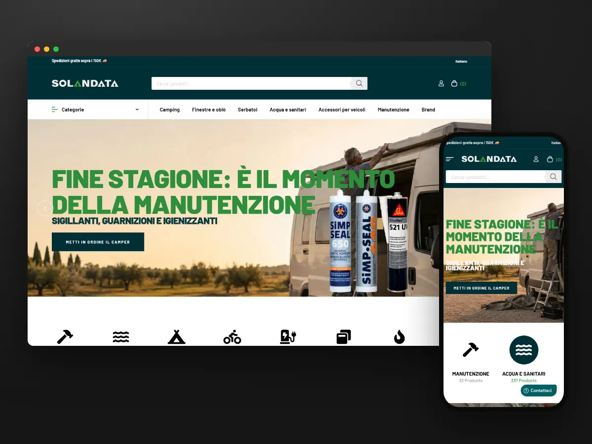 La home page del negozio Solandata su computer e telefono